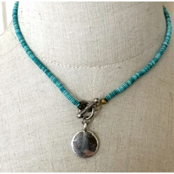 Vintage Turquoise Heishi Necklace Jewelry - Vintage Artisan Turquoise Heishi Necklace with Rustic Silver plated  Pendant